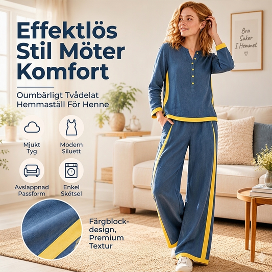🎉 Nyhet! 👚 Damset med långärmad färgblockad topp och vida byxor – bekvämt, stilrent, mångsidigt, perfekt för vardag och höst. ✨