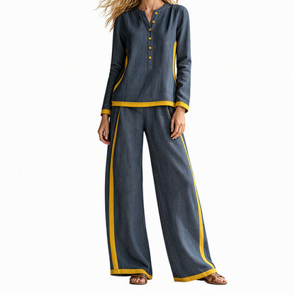 🎉 Nyhet! 👚 Damset med långärmad färgblockad topp och vida byxor – bekvämt, stilrent, mångsidigt, perfekt för vardag och höst. ✨