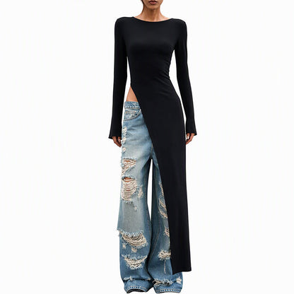👚 Elegant asymmetrisk långärmad topp med hög slits för kvinnor – stilren, bekväm, mångsidig, perfekt för vardag och fest! ✨