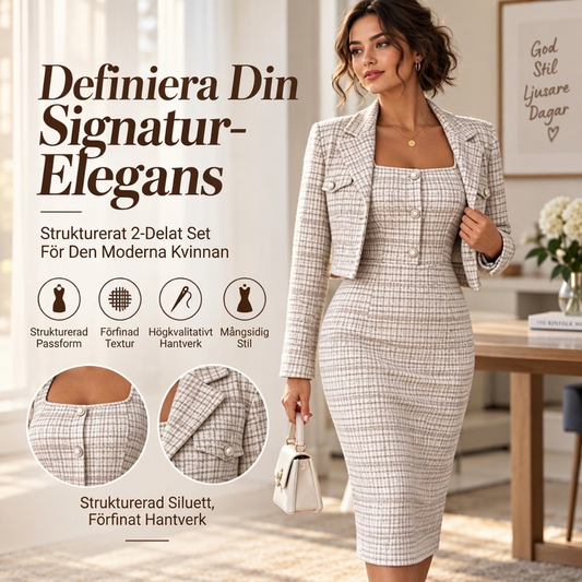 Damuppsättning med elegant kort jacka och smärta klänning