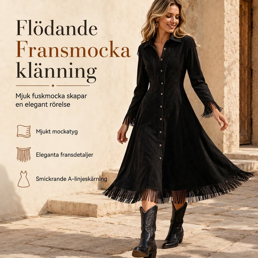 💰 Halva priset! 👗 Dam vintage långärmad fransklänning i mjuk suede – slagkrage, fransar, smickrande midja, perfekt för vardag och fest. ✨
