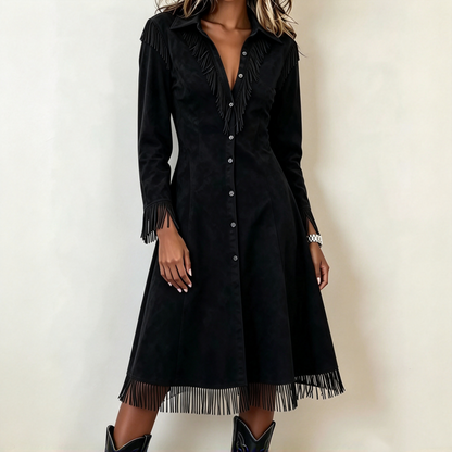 💰 Halva priset! 👗 Dam vintage långärmad fransklänning i mjuk suede – slagkrage, fransar, smickrande midja, perfekt för vardag och fest. ✨