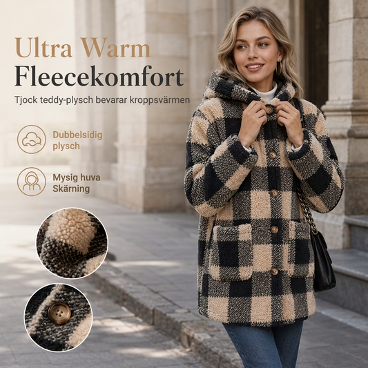 🎉 Nyhet! 🧥 Dam långärmad rutig konstlammfleece-huvjacka – ultravarm, klassisk buffalorut, integrerad huva, perfekt för höst. ✨