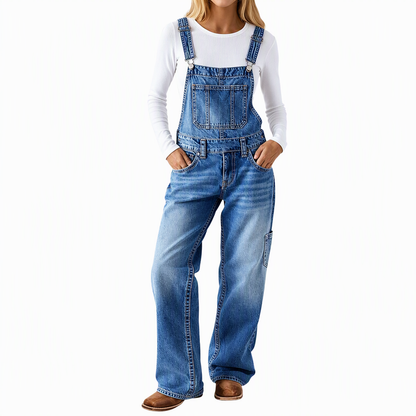 👖 Vintage denim-overall för dam med hängslen och raka ben – stretchig, bekväm och tidlös, perfekt för vardag och höst! ✨