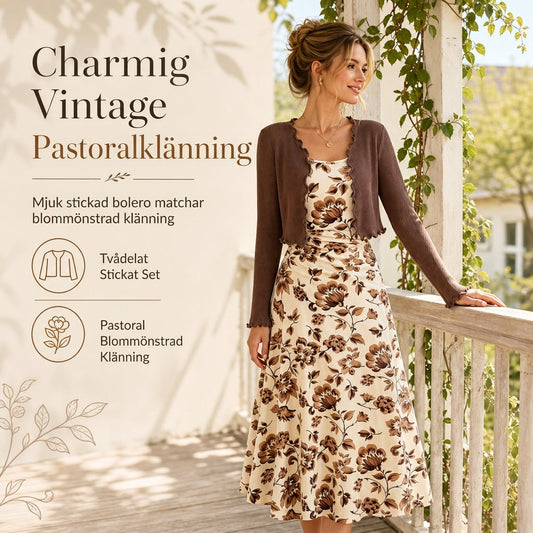 Kvinnors 2-delade set med vintage blommig kjol och kort ribbstickad kofta