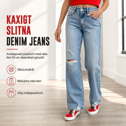 Dambyxor i denim med hög midja, slitna och vid ärm
