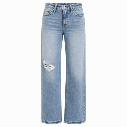 Dambyxor i denim med hög midja, slitna och vid ärm