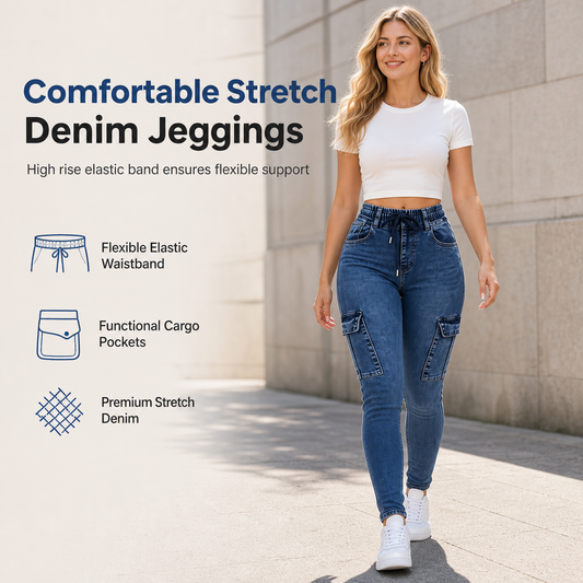 Damens Jeggings med hög midja, elastisk dragsko, cargo, smala jeans