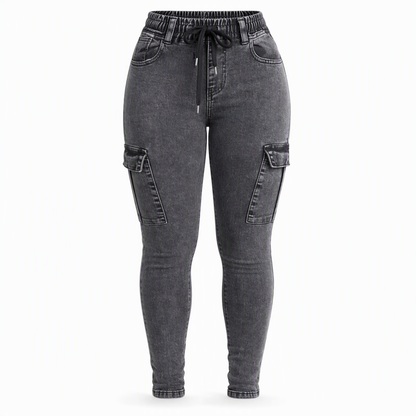 Damens Jeggings med hög midja, elastisk dragsko, cargo, smala jeans