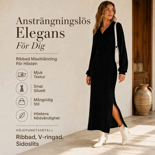 Lång maxiklänning för kvinnor med krage, ribbstickning och slits