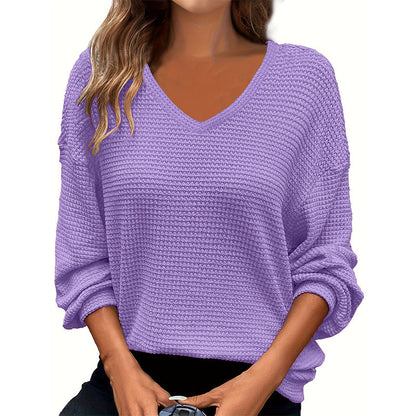 KVINNORAS VANLIGA V-NECK WAFFLE KNIT TOP