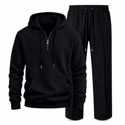 Casual träningsoverall i två delar för män i våffelstickat: hoodie med halv dragkedja och byxor med raka ben