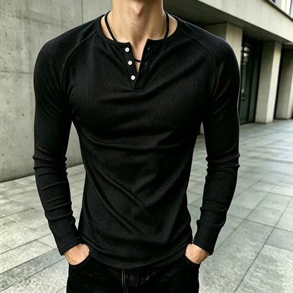 Casual, smal ribbstickad Henley-t-shirt för män