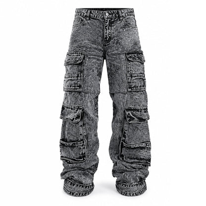 Retro tvättade vidbenade cargojeans Y2K high street-denimbyxor med fickor