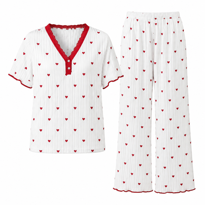 Damset i tryckt pyjamas, kortärmad topp och långbyxor, bekväm och stretchig loungedräkt