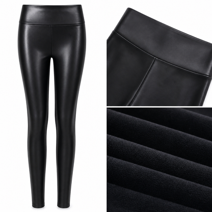 🔥😍Kvinnliga leggings i konstläder med hög midjeväv, fleecefodrade - mjuka och varma vinterbyxor❤️