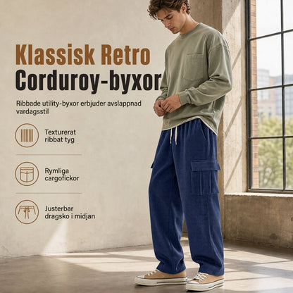 🔥Ett måste idag! Missa inte det!🔥Cargobyxor i corduroy för herrar med flera fickor