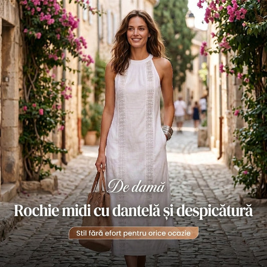 🌸 Rochiță midi femei cu dantelă și spătar deschis, croială elegantă