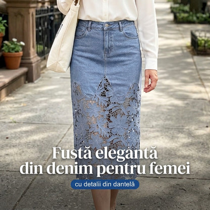 💝Reducere de 40%💝Fusta bodycon din denim pentru femei cu dantelă ajurată