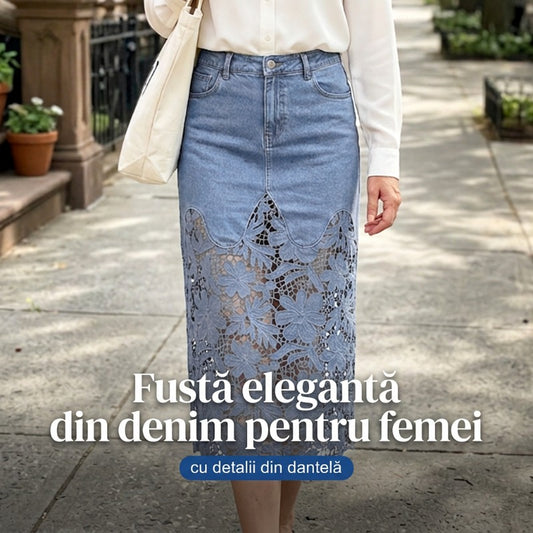 💝Reducere de 40%💝Fusta bodycon din denim pentru femei cu dantelă ajurată
